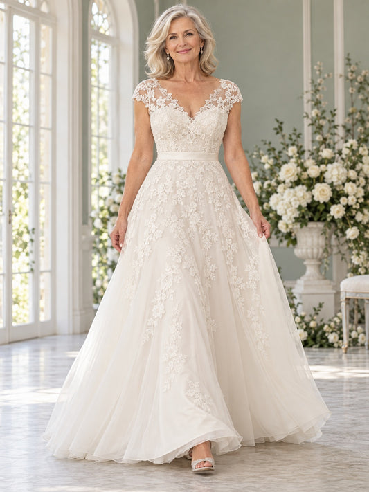 Vestido de novia de encaje y tul en marfil, línea A, escote en V, manga corta y cola corta