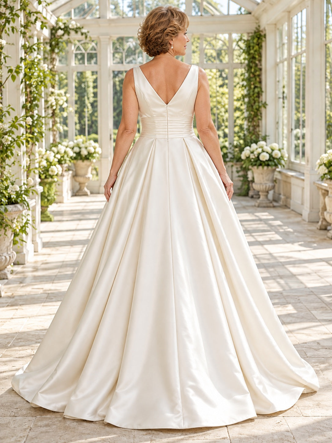 Simple V-neck Sleeveless Satin A-line Bridal Gown for Older Brides with Pleated Waist and Train — image 2, style 747004