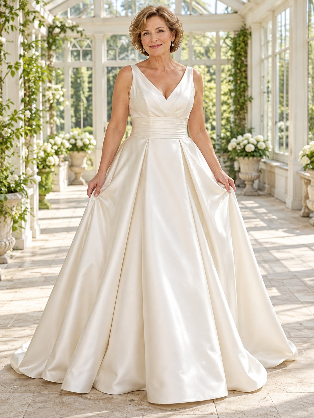 Simple V-neck Sleeveless Satin A-line Bridal Gown for Older Brides with Pleated Waist and Train — image 1, style 747004