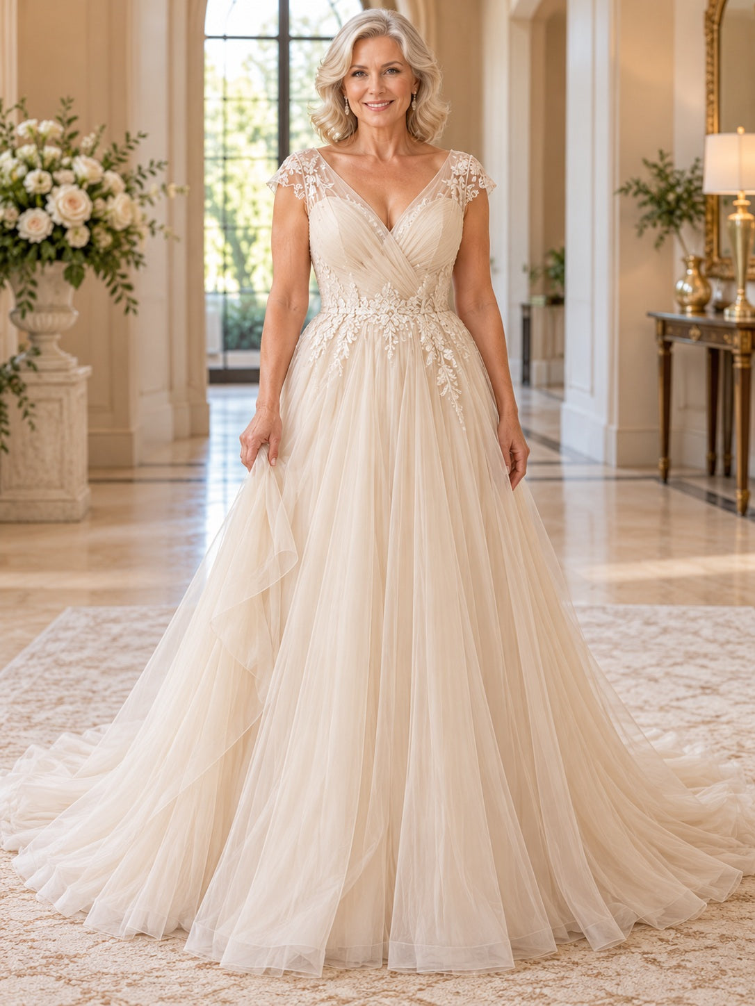 Robe de mariée coupe trapèze en tulle et dentelle florale à col en V et mancherons pour mariées mûres, avec traîne en cascade