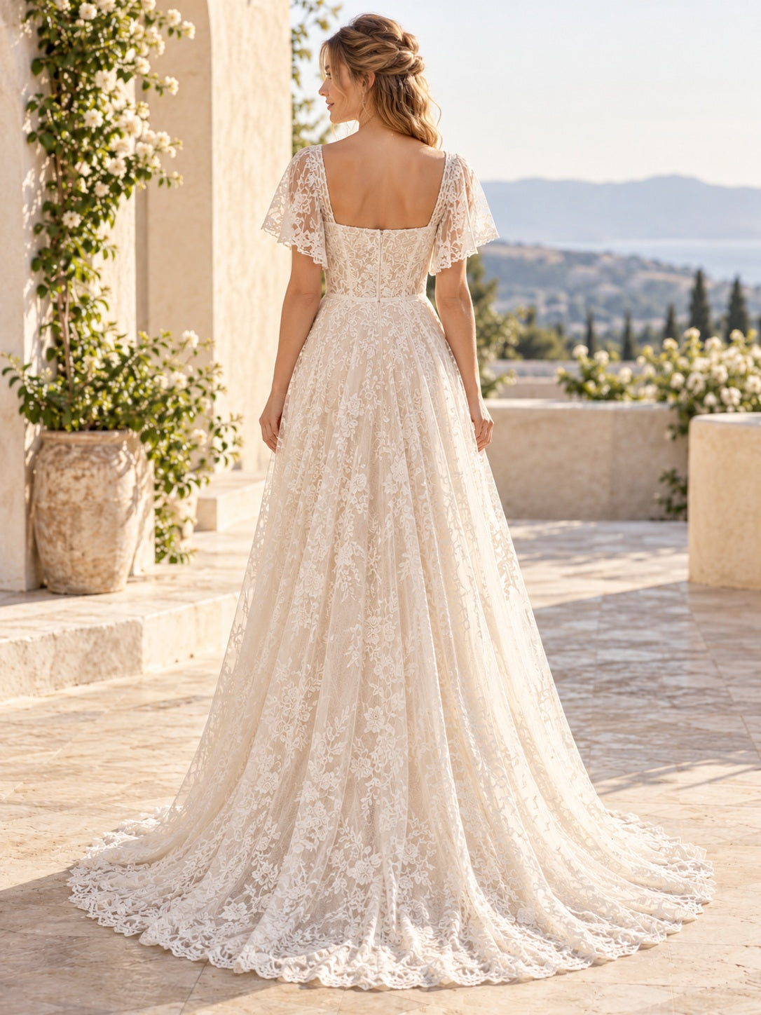 Robe de mariée trapèze en dentelle florale à encolure carrée, manches papillon, taille cintrée et traîne ample