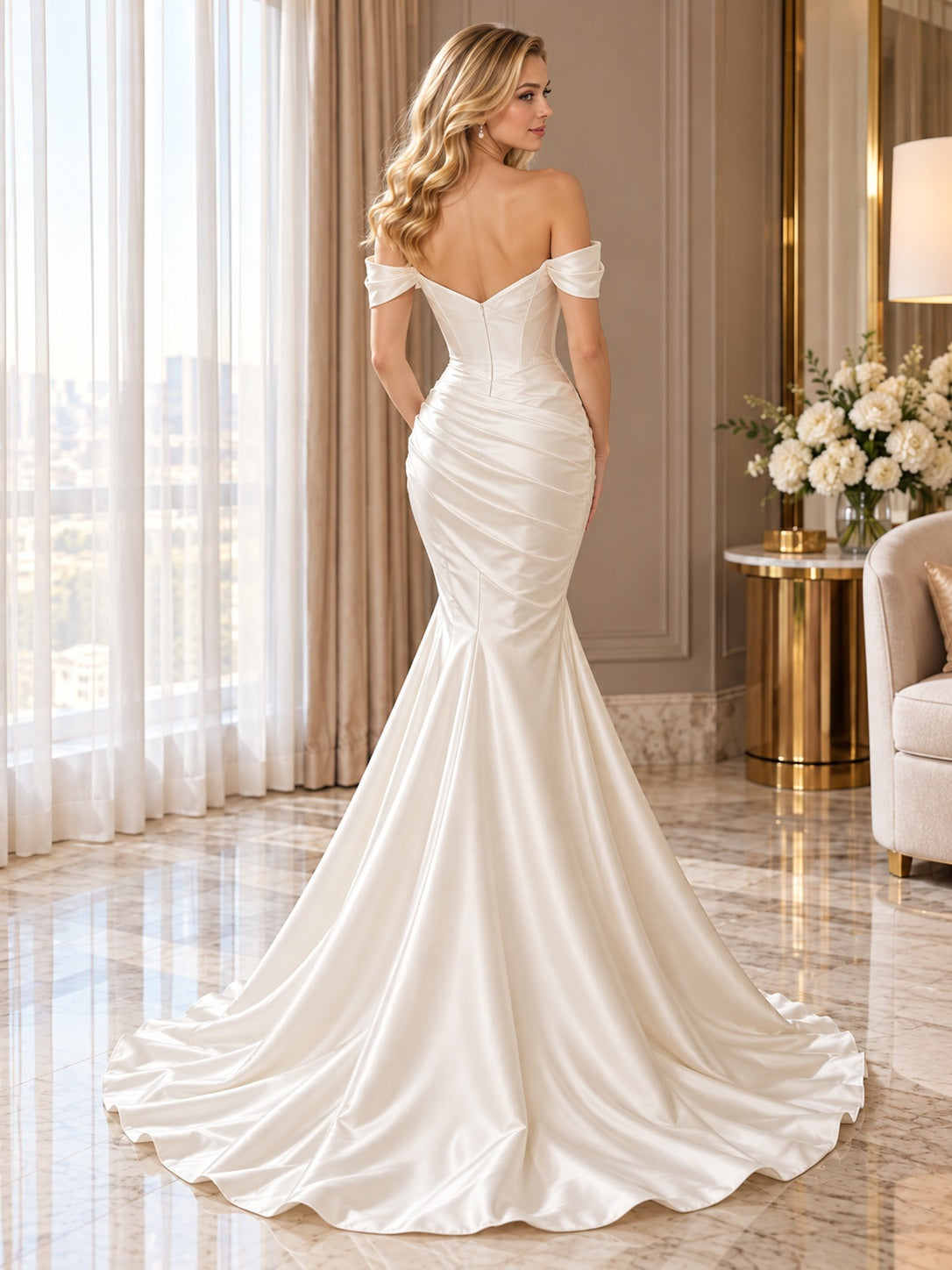 Mermaid Off Shoulder Sweetheart Satin Bridal Gown with Ruched Bodice Fitted Waist and Train — image 2, style 747026