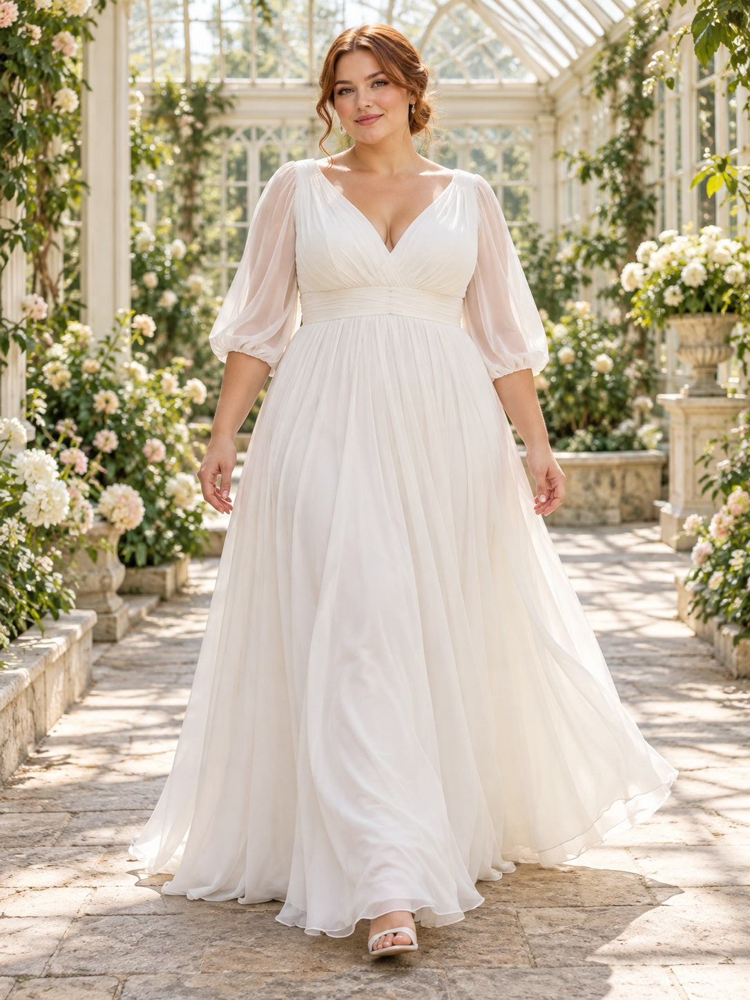 Plus Size V-neck Three Quarter Sleeve Chiffon A-line Bridal Gown with Gathered Waist and Train — image 1, style 747036