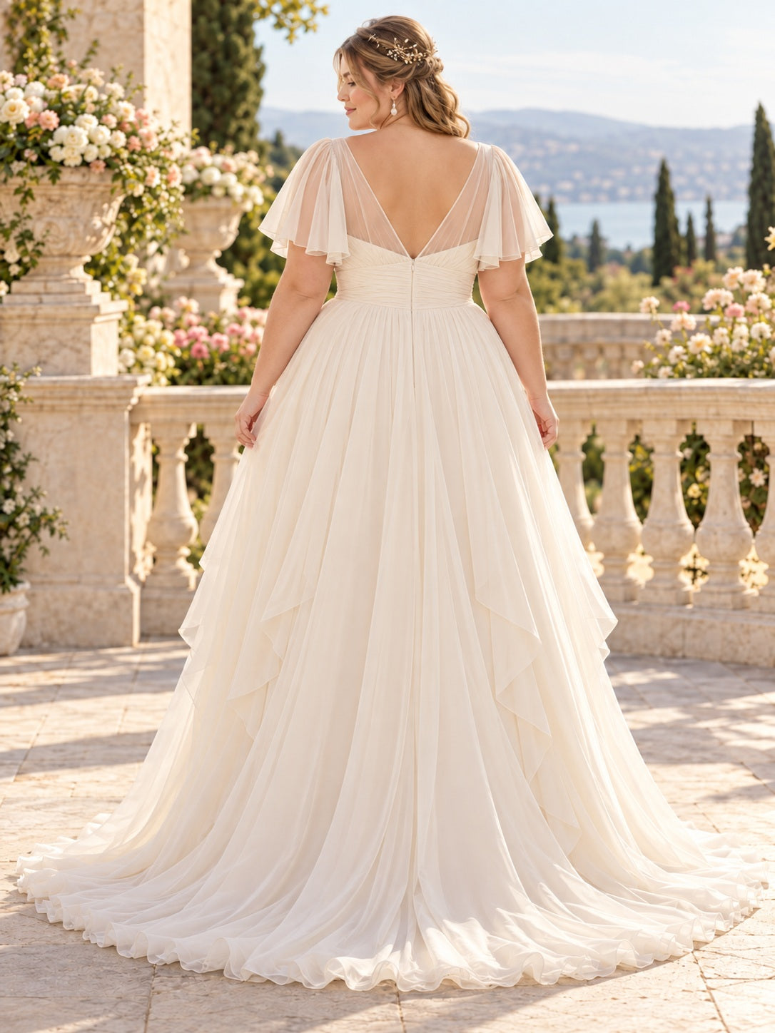 Plus Size Bateau Flutter Sleeve Chiffon A-line Bridal Gown with Illusion Neckline Cascading Skirt — image 2, style 747038