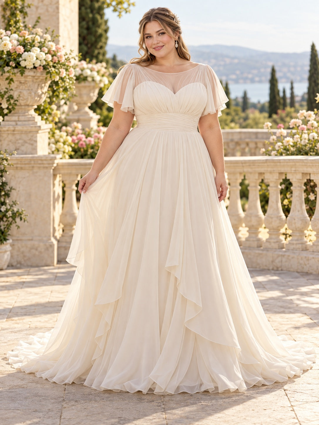 Plus Size Bateau Flutter Sleeve Chiffon A-line Bridal Gown with Illusion Neckline Cascading Skirt — image 1, style 747038
