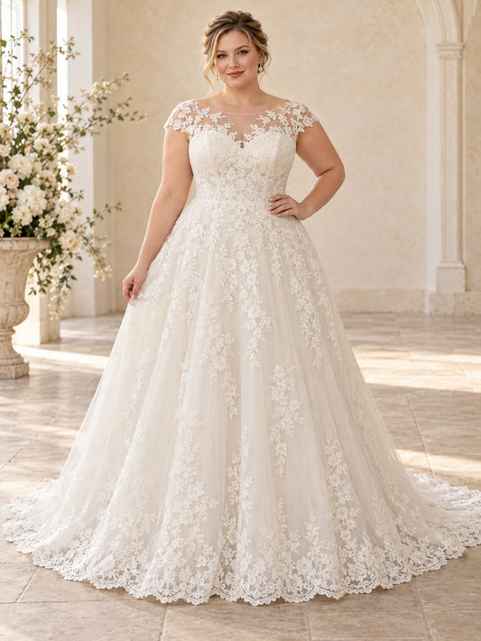 Robe de mariée grande taille trapèze en dentelle florale à manches bateau, avec dos illusion et traîne
