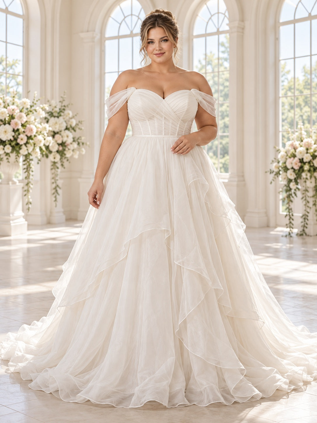 Robe de mariée grande taille trapèze en organza à encolure cœur et épaules dénudées, avec corsage drapé et volants en cascade