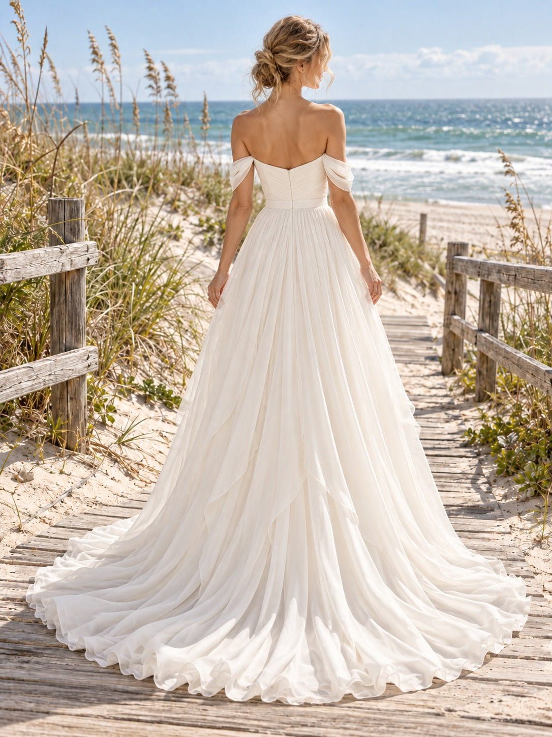 Simple Off Shoulder Sweetheart Chiffon A-line Beach Bridal Gown with Ruched Bodice and Train — image 2, style 747061
