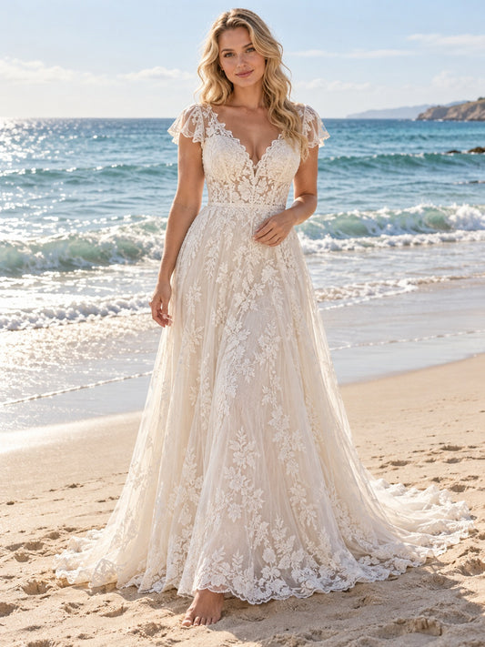 V-neck Flutter Sleeve Floral Lace A-line Beach Bridal Gown with Open Back and Train — image 1, style 747067