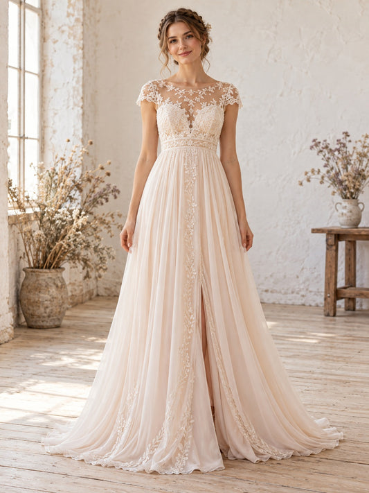 Robe de mariée bohème en mousseline évasée à col bateau, manches festonnées, motif floral et dentelle, avec jupe fluide et traîne