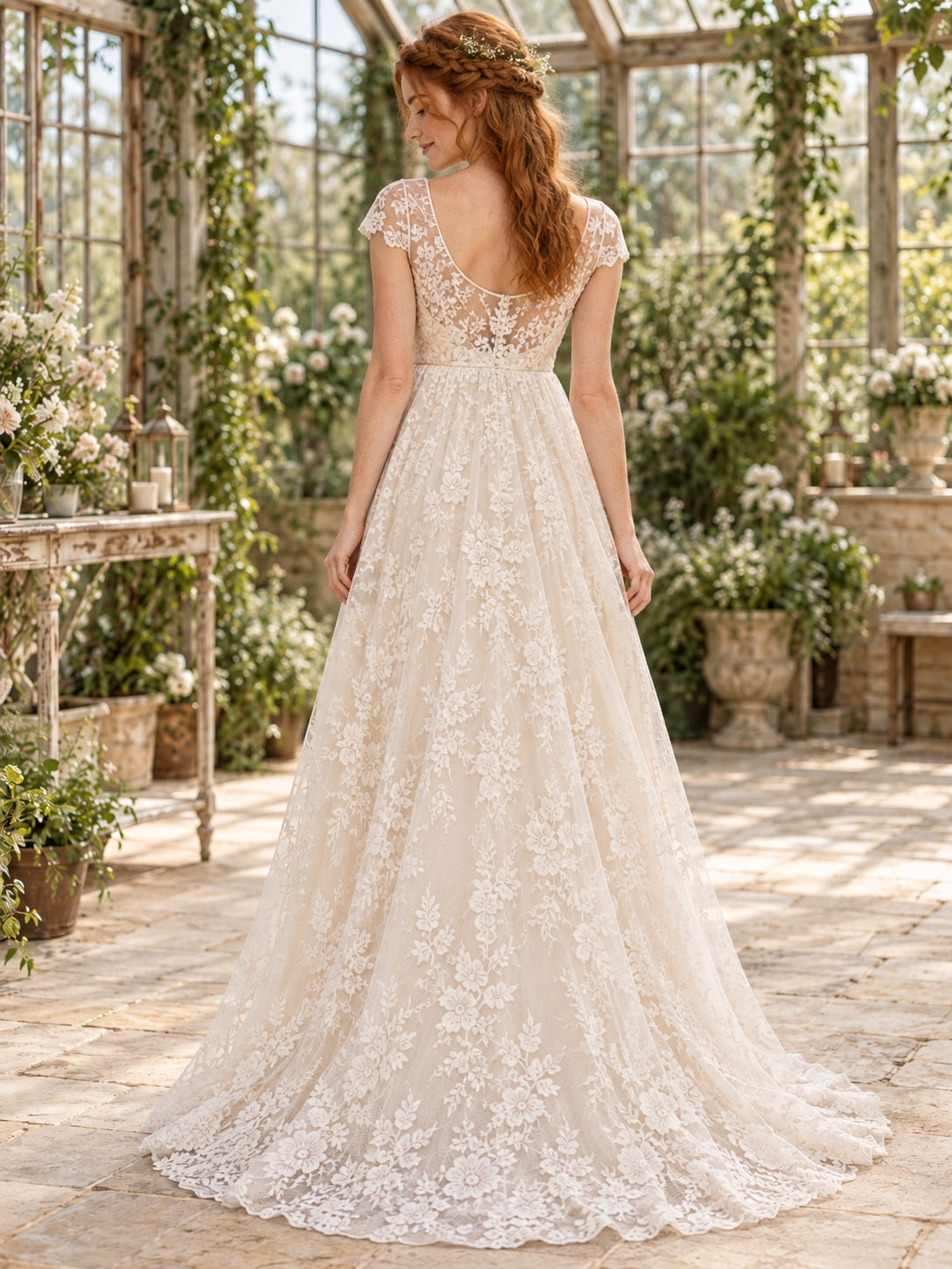 Vestido de novia de encaje en marfil, línea A, escote barco, manga corta y cola corta