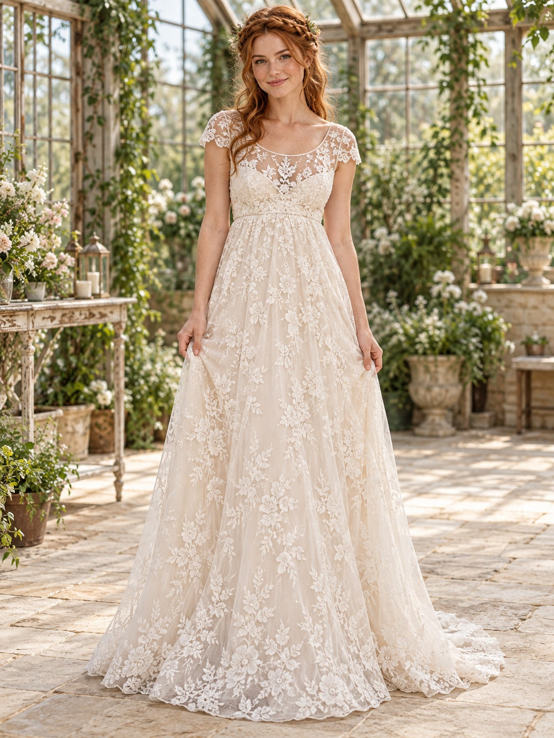 Vestido de novia de encaje en marfil, línea A, escote barco, manga corta y cola corta