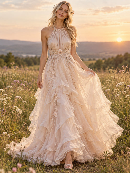Robe de mariée bohème trapèze en organza à col montant dos nu avec dentelle florale, jupe en cascade et traîne