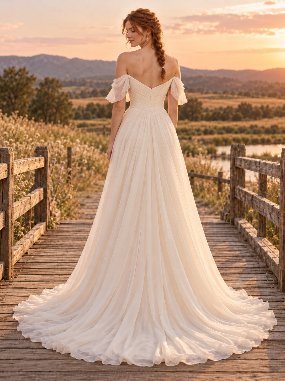 Country Simple Off Shoulder Sweetheart Chiffon A-line Bridal Gown with Cascading Skirt and Train — image 2, style 747112