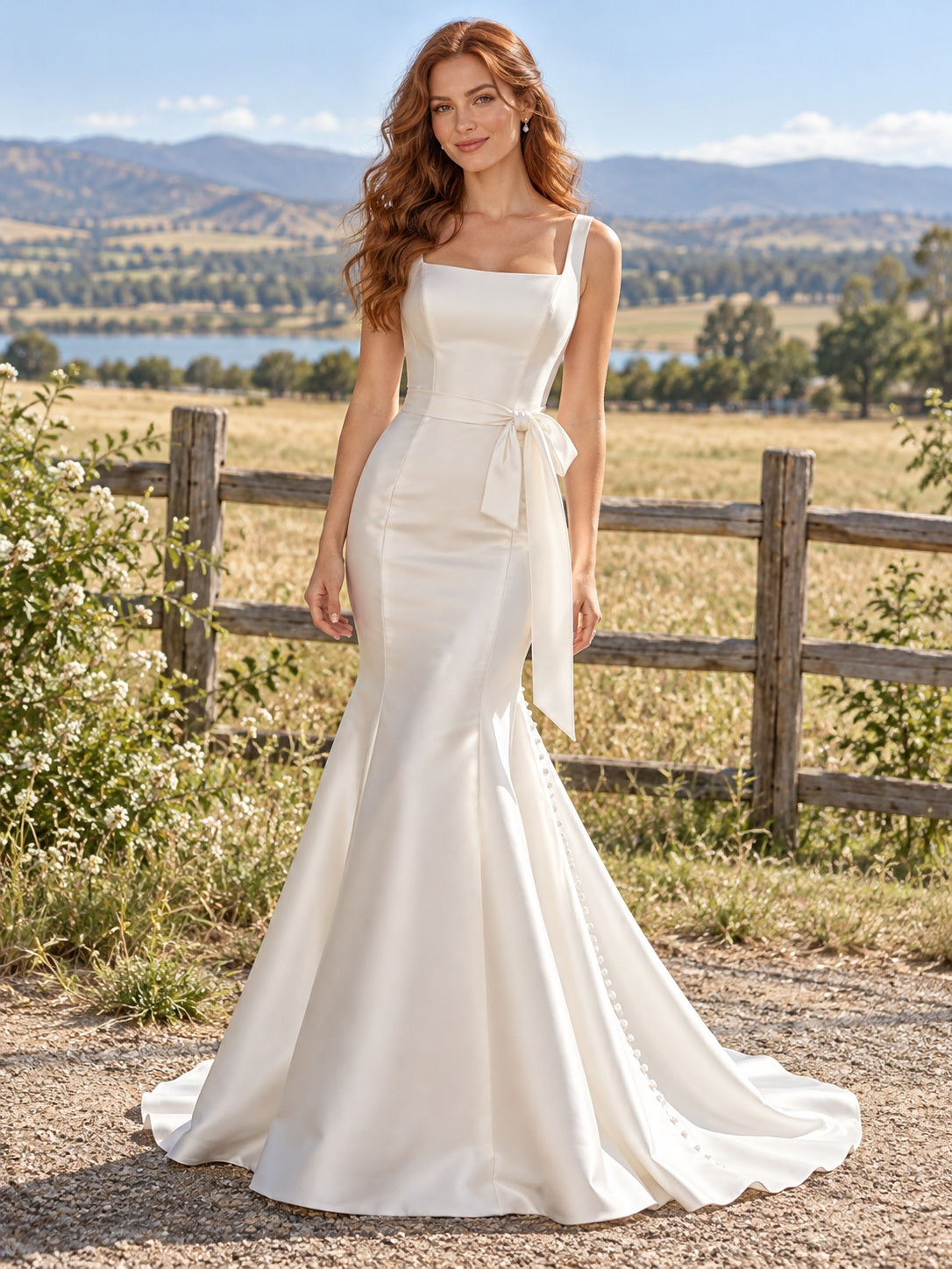 Vestido de novia de satén en marfil, corte trompeta, escote cuadrado, sin mangas y cola corta