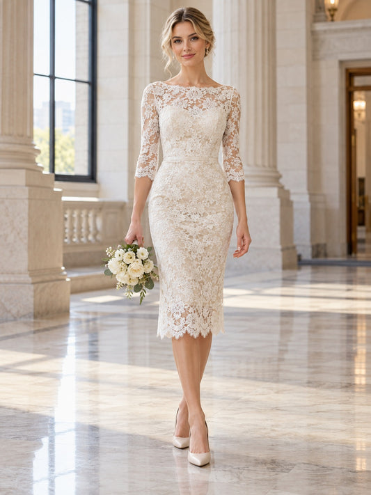 Courthouse Modest Knee Length Bateau Three Quarter Sleeve Floral Lace Wedding Dress — image 1, style 747140