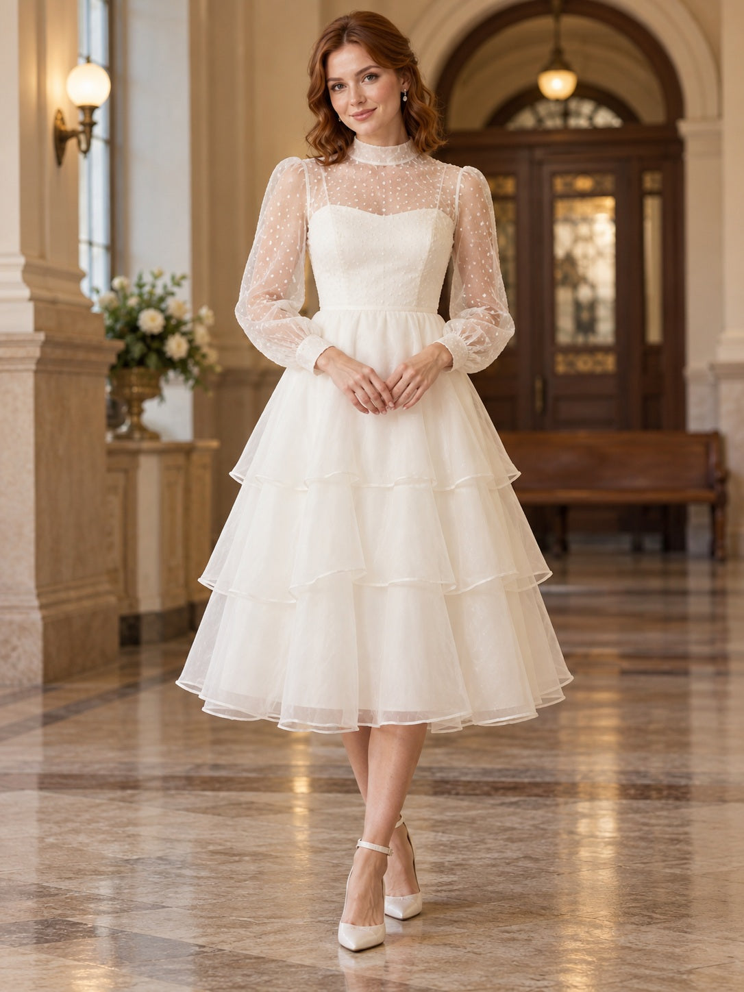 Vestido de novia de organza y tul en marfil, línea A, cuello alto, manga larga y largo a media pierna