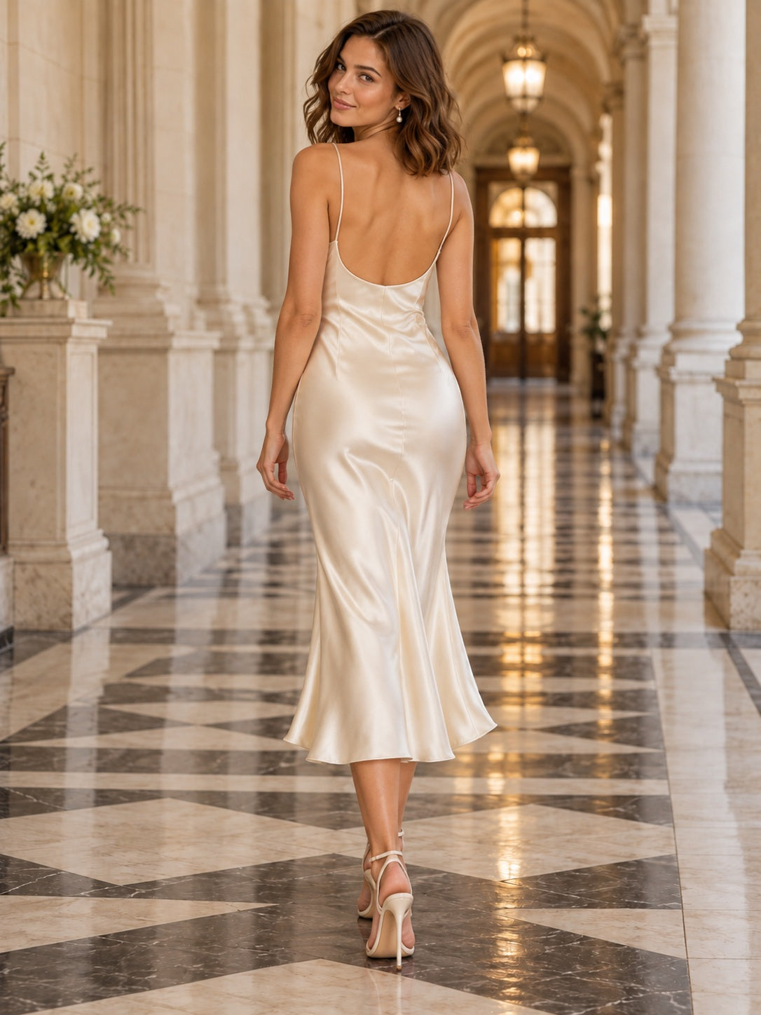 Courthouse Simple Tea-length Cowl Spaghetti Satin Fitted Flared Bridal Wedding Dress — image 2, style 747151