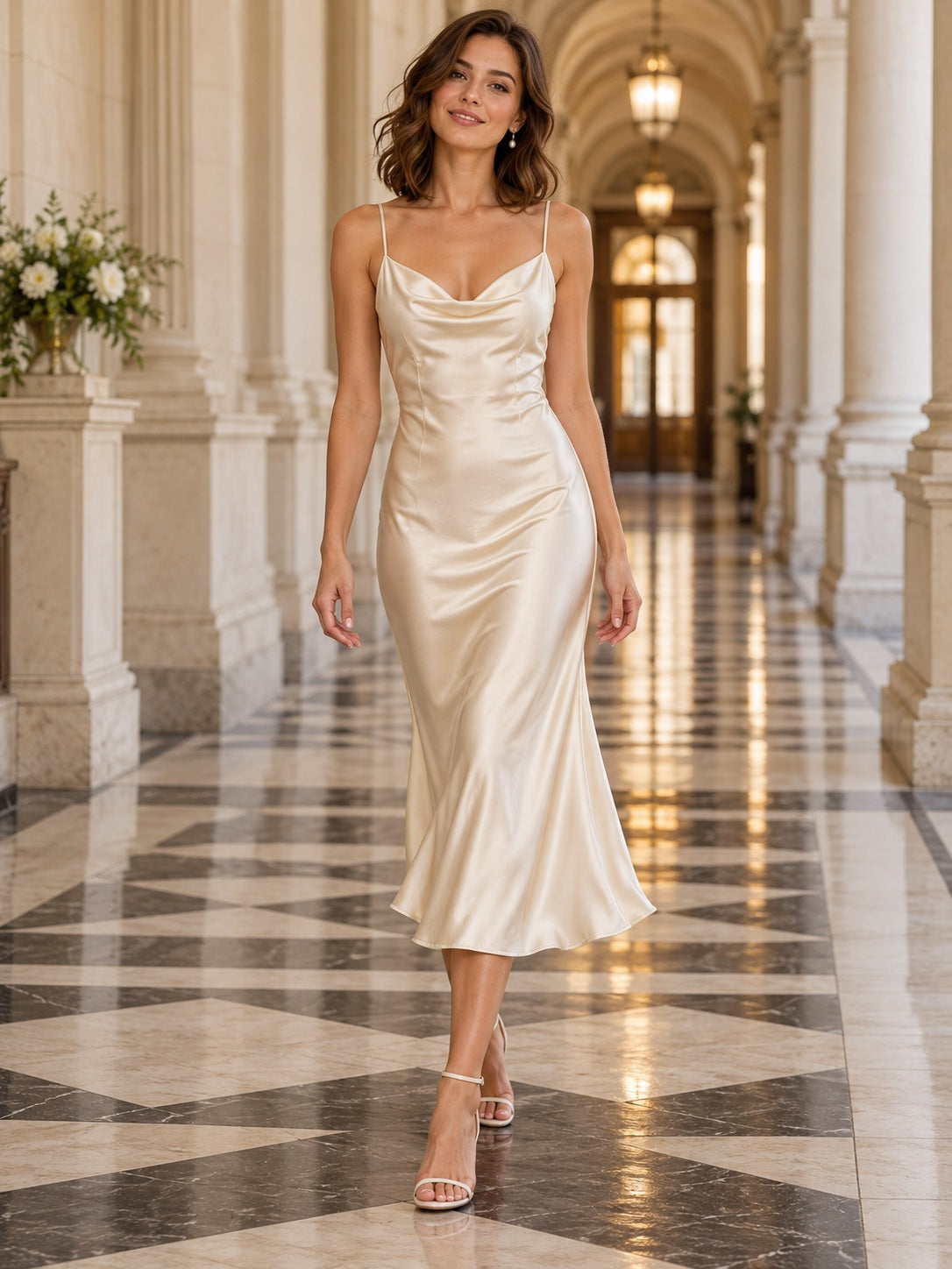 Courthouse Simple Tea-length Cowl Spaghetti Satin Fitted Flared Bridal Wedding Dress — image 1, style 747151