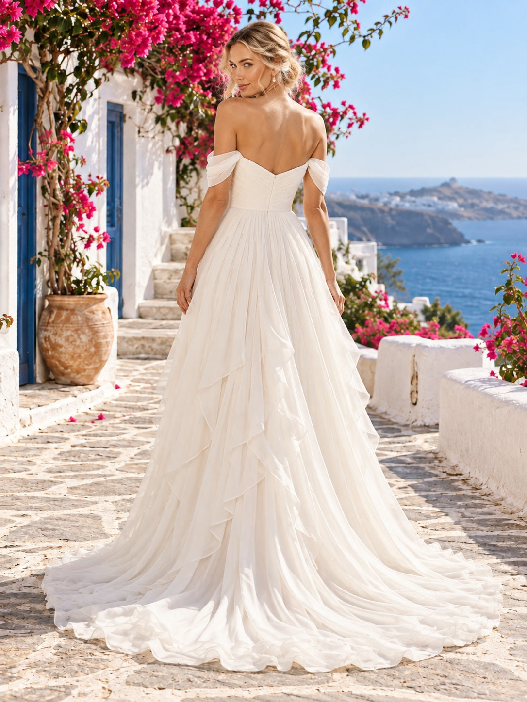 Robe de mariée Destination à épaules dénudées, encolure cœur, volants en mousseline en cascade, fluide