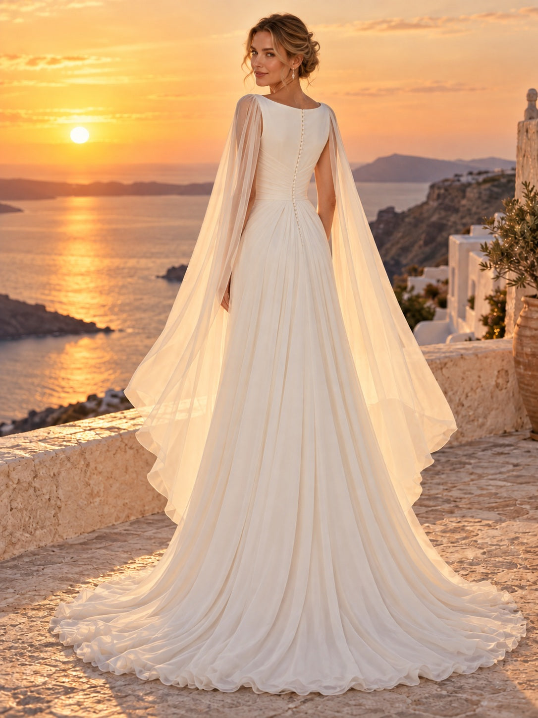 Robe de mariée Destination Modest Bateau en mousseline à manches cape drapée et fluide