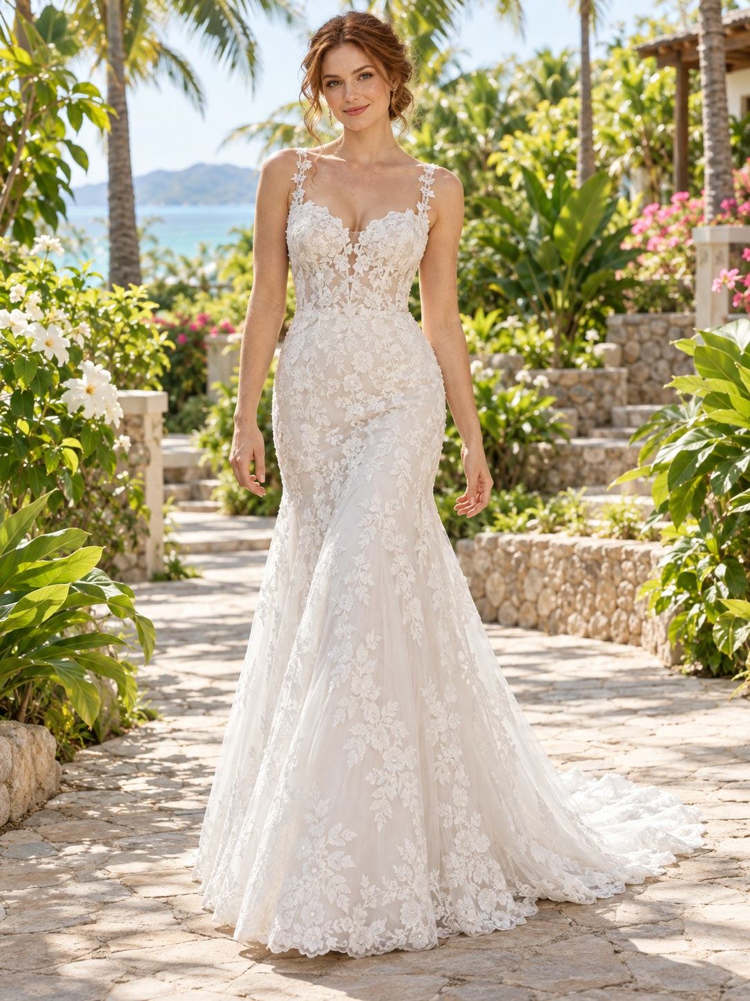 Destination Sweetheart Strapped Floral Lace Fitted Mermaid Bridal Wedding Dress — image 1, style 747166