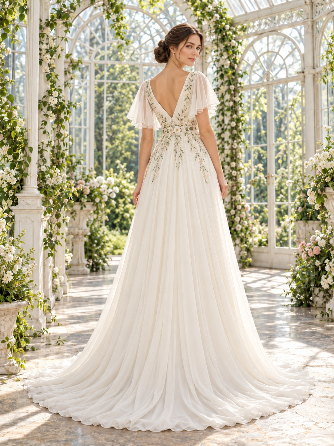 Robe de mariée fluide coupe trapèze en mousseline brodée à fleurs, col en V et manches papillon Garden