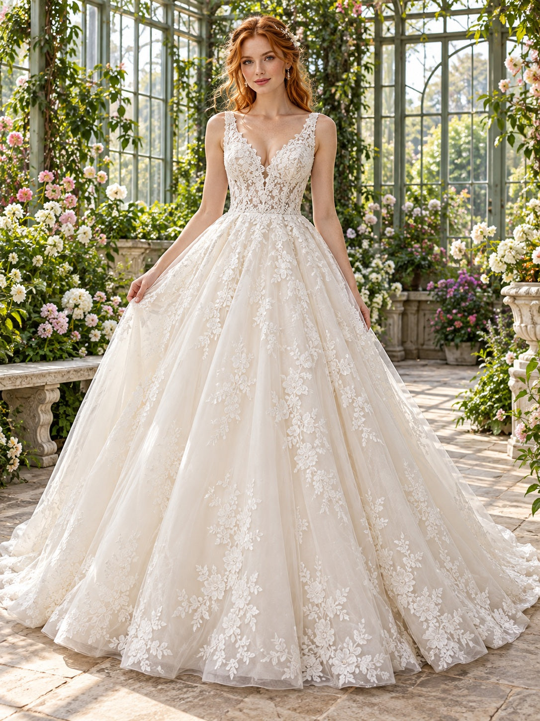 Garten-Brautkleid mit tiefem V-Ausschnitt, floraler Spitze und voluminösem Ballkleid-Rock