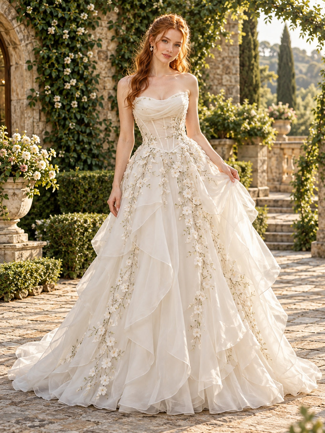 Garden Strapless Cowl Floral Applique Tiered Organza Full Bridal Wedding Dress — image 1, style 747196