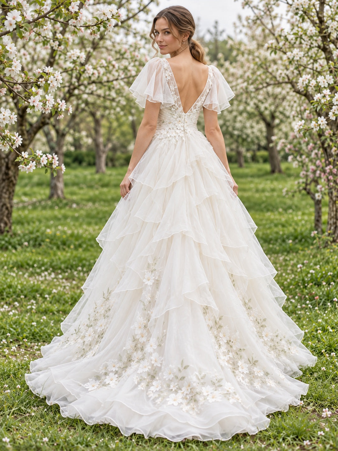 Langes Braut- und Hochzeitskleid aus Organza mit tiefem V-Ausschnitt, Rüschenärmeln und Kaskadeneffekt – Garden