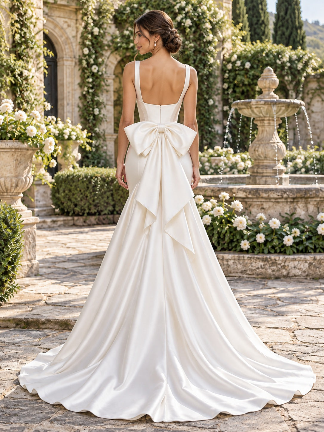 Garden Square Neck Strapped Satin Mermaid Bow Draped Bridal Wedding Dress — image 2, style 747201