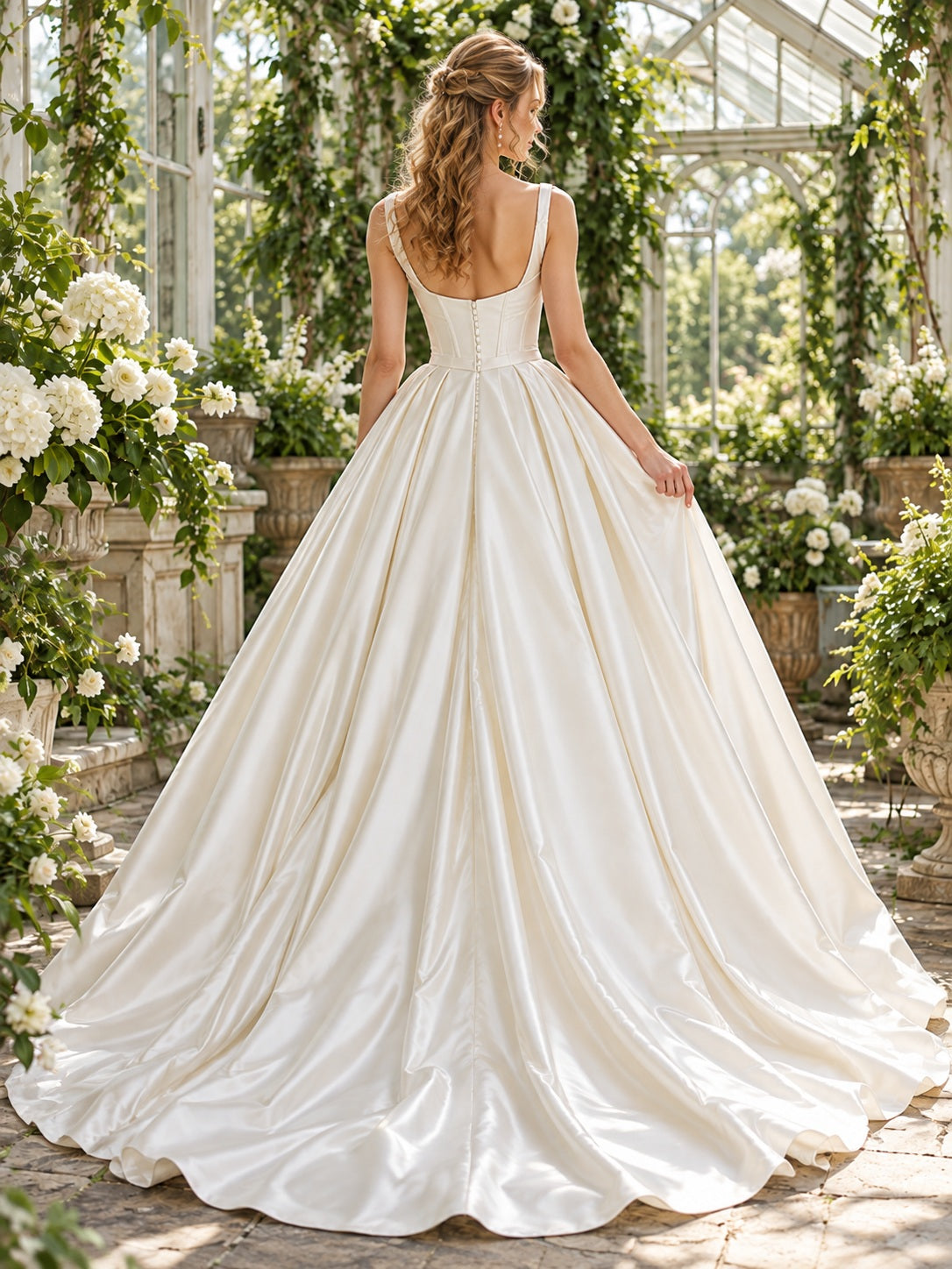 Simple Garden Cowl Strapped Satin Pleated Full A-Line Bridal Wedding Dress — image 2, style 747202