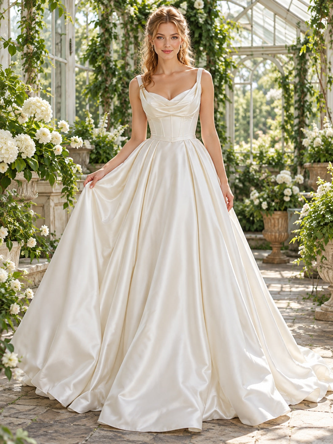 Simple Garden Cowl Strapped Satin Pleated Full A-Line Bridal Wedding Dress — image 1, style 747202