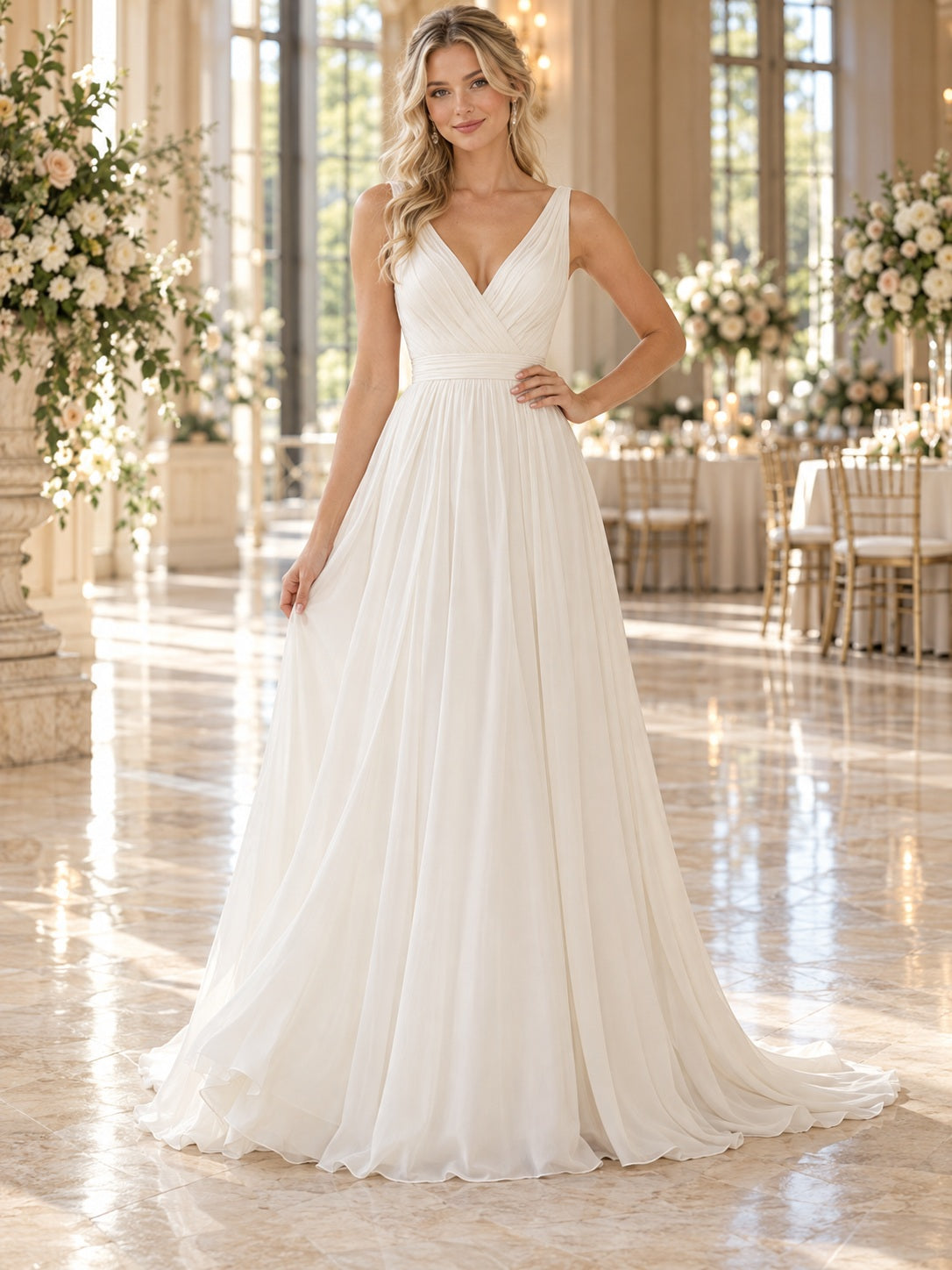 Robe de mariée simple en mousseline fluide froncée à col V et bretelles, coupe trapèze intégrale
