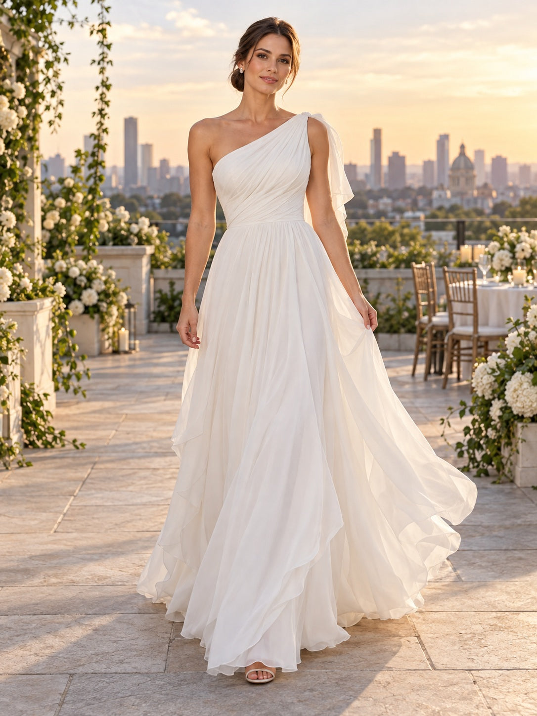 Elegantes, fließendes A-Linien-Brautkleid aus Chiffon mit One-Shoulder-Ausschnitt, Raffungen, Lagen und Rüschen