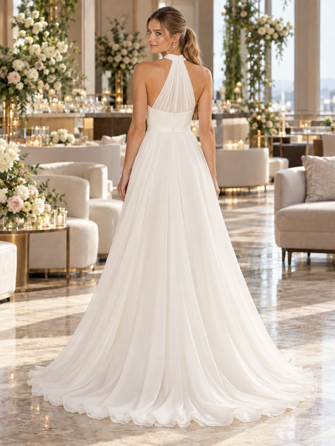 Robe de mariée simple en mousseline drapée fluide à col montant dos nu coupe trapèze