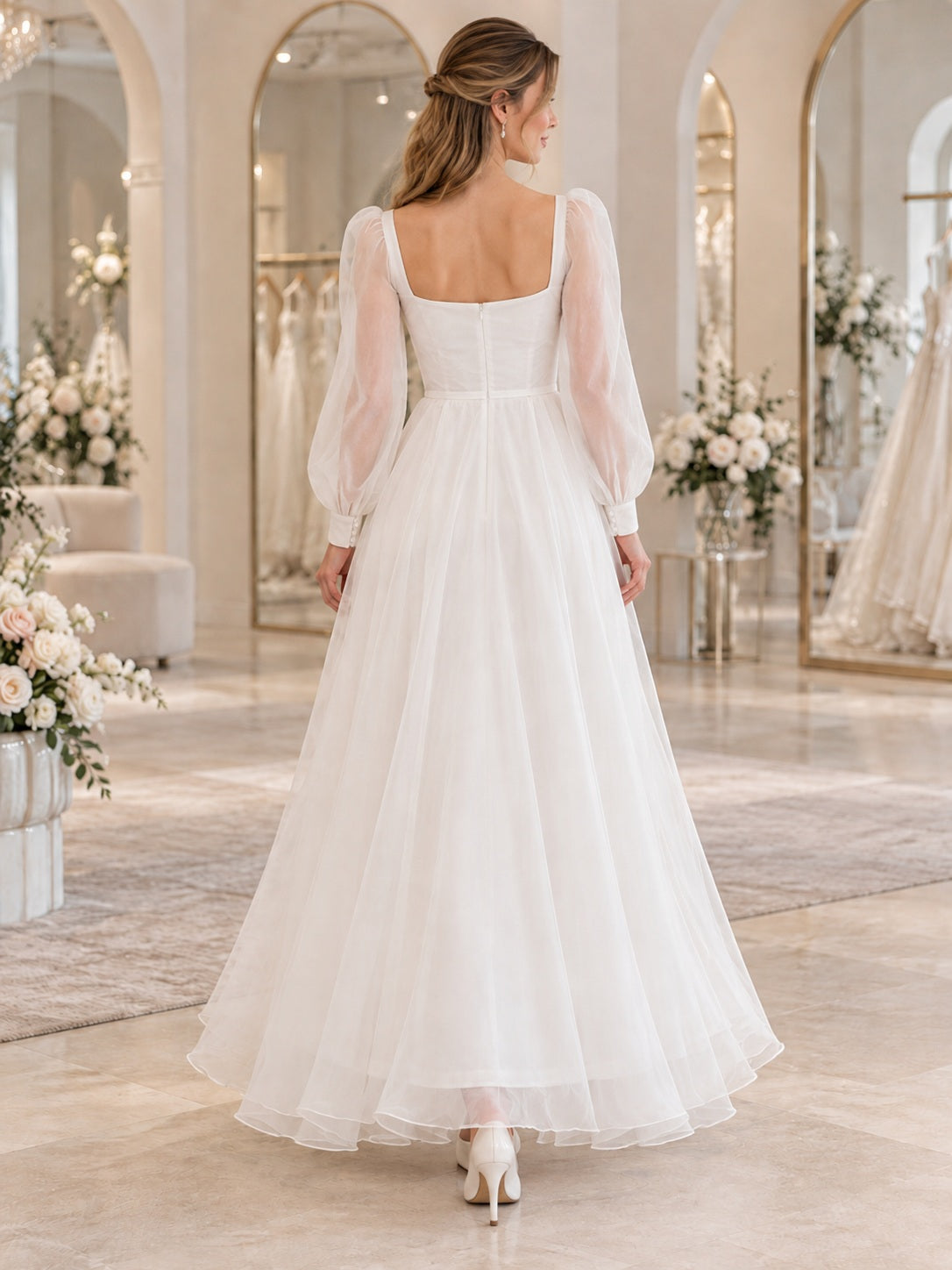 Vestido de novia de organza en blanco, línea A, escote cuadrado, manga larga y largo al tobillo