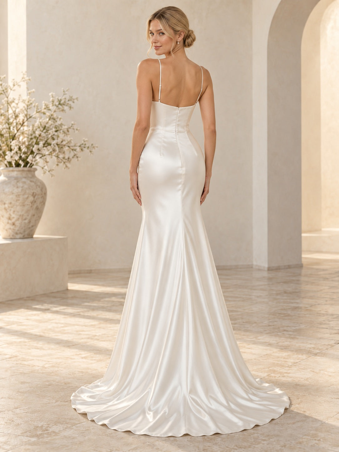 Robe de mariée simple en satin ajustée et évasée à encolure carrée et fines bretelles pour réception de mariage
