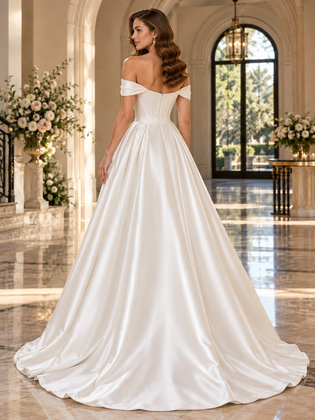 Simple Off Shoulder Sweetheart Pleated Satin Full A-Line Bridal Wedding Dress — image 2, style 747229