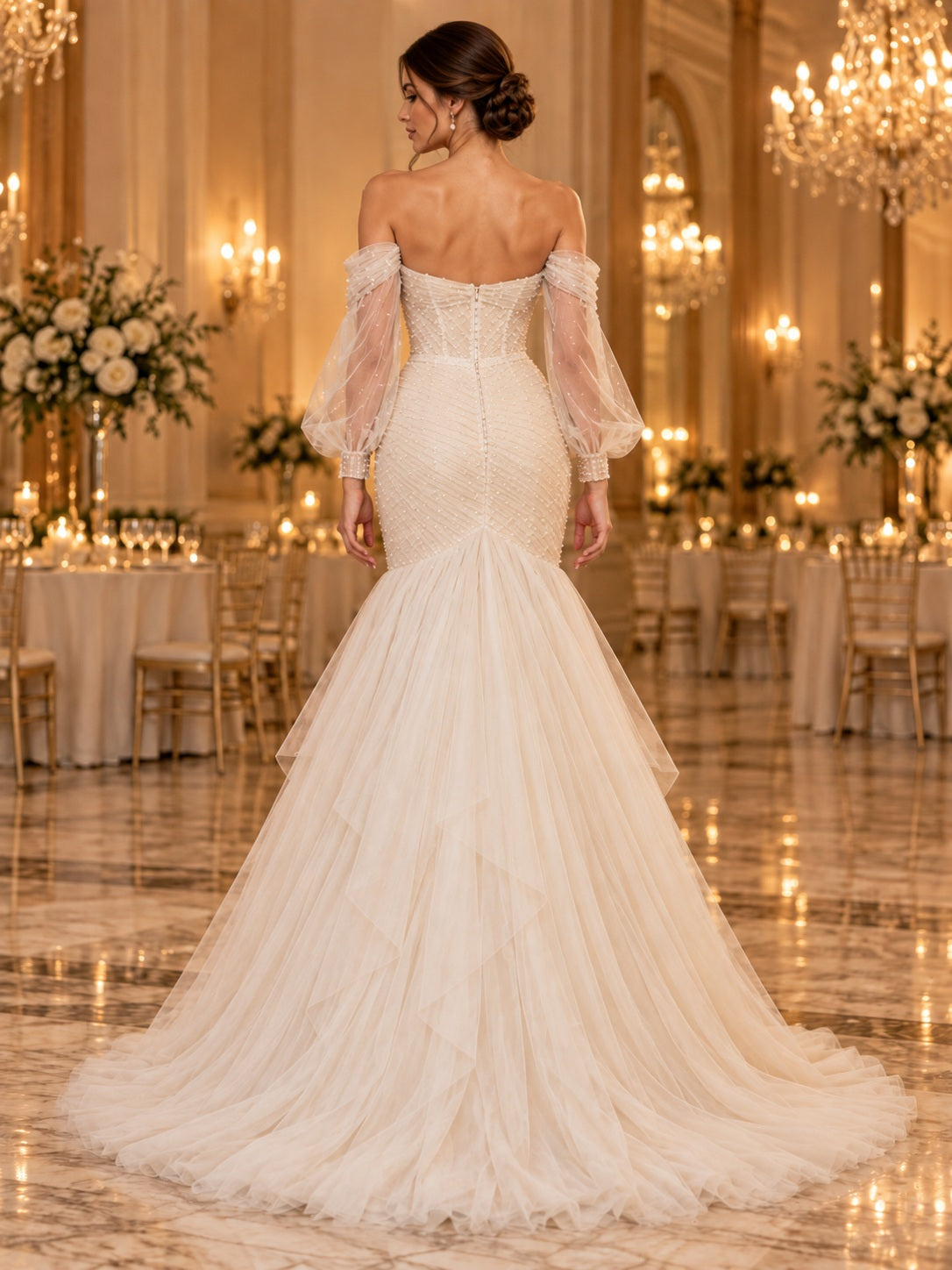 Langärmliges, schulterfreies, gerafftes Meerjungfrauen-Brautkleid aus Tüll für Hochzeitsfeiern