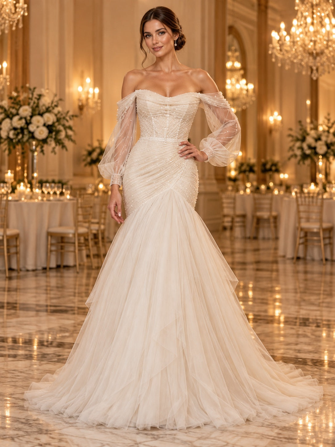 Langärmliges, schulterfreies, gerafftes Meerjungfrauen-Brautkleid aus Tüll für Hochzeitsfeiern