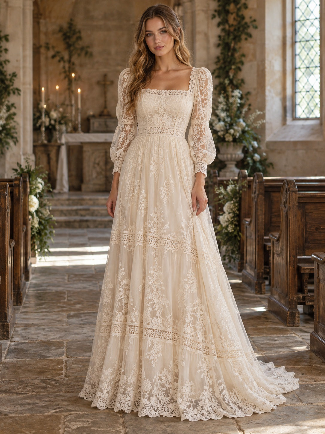 Vestido de novia de encaje en marfil, de inspiración vintage, línea A, escote cuadrado, manga larga y cola corta