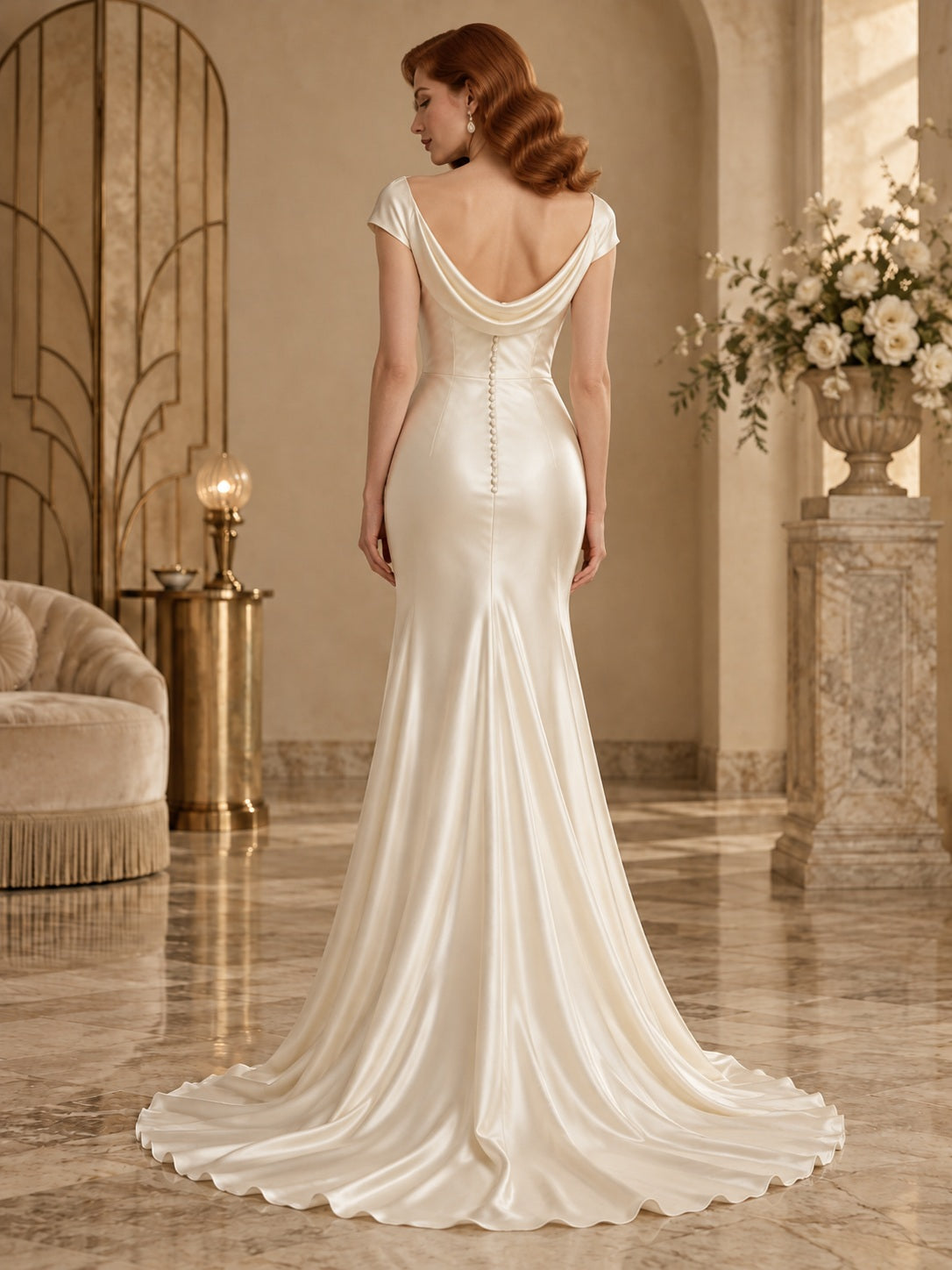 Vintage Simple Cowl Cap Sleeve Satin Fitted Flared Bridal Wedding Dress — image 2, style 747250