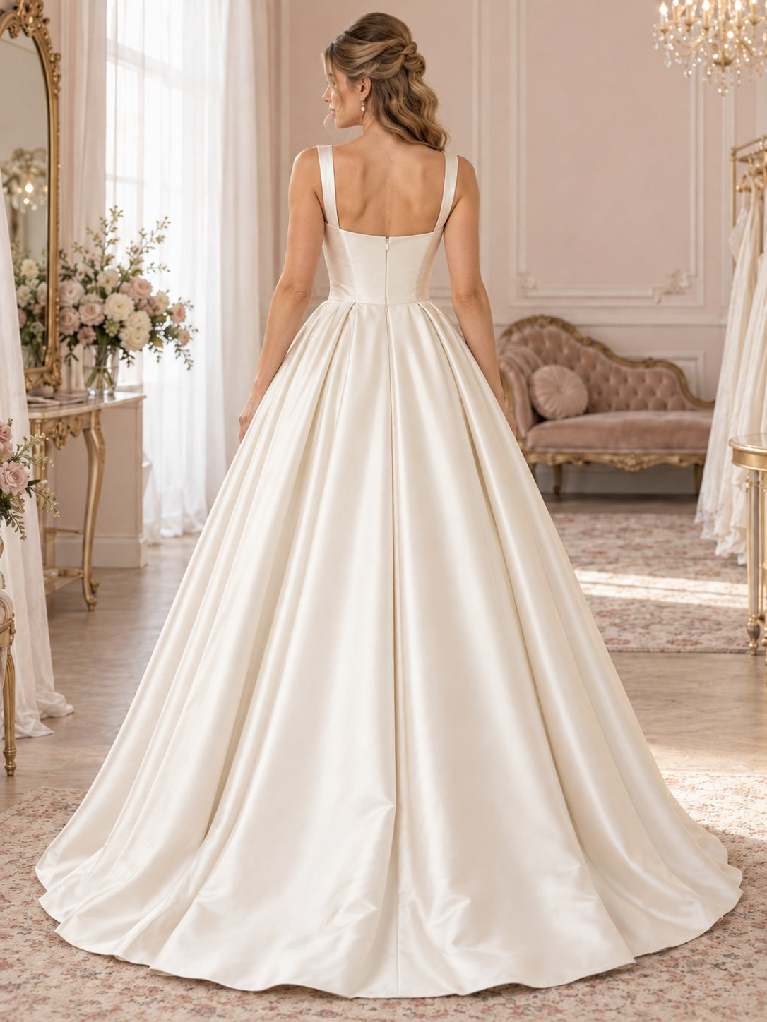 Robe de mariée vintage simple et romantique en satin, avec bretelles, coupe robe de bal ample