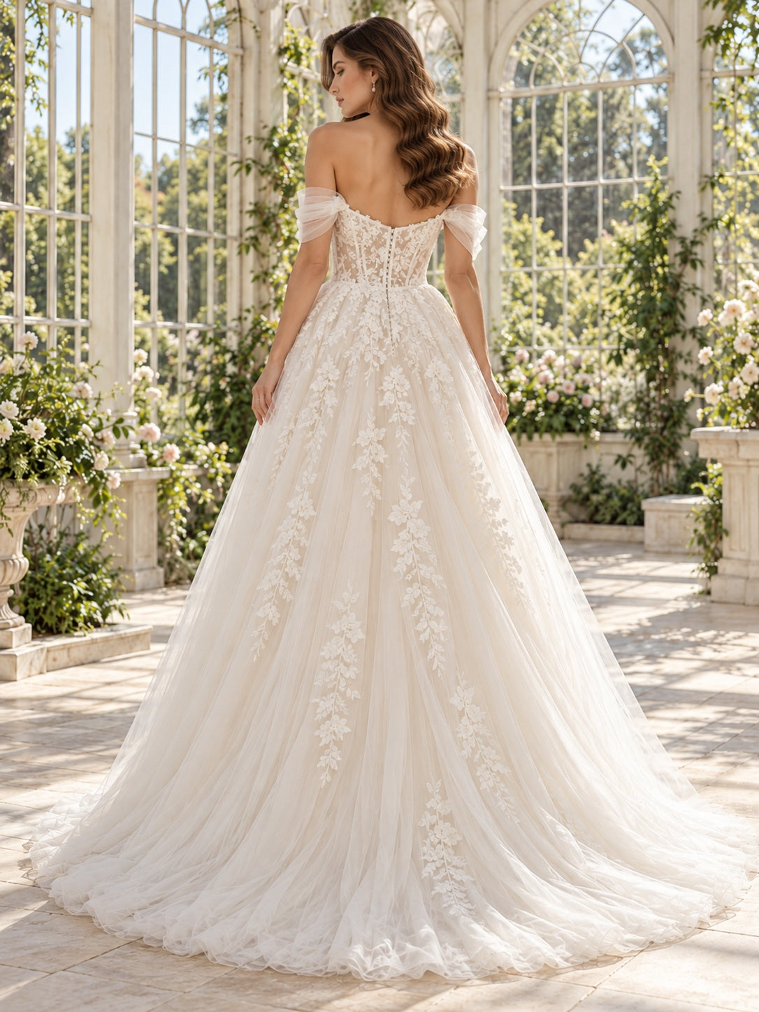 Vintage Off Shoulder Sweetheart Floral Applique Tulle Full A-Line Wedding Dress — image 2, style 747259