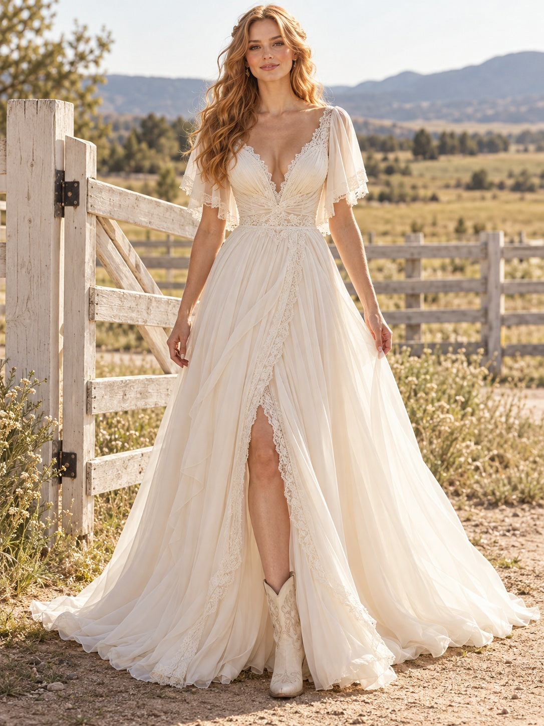 Western Country Deep V-neck Flutter Sleeve Split Chiffon A-Line Wedding Dress — image 1, style 747264