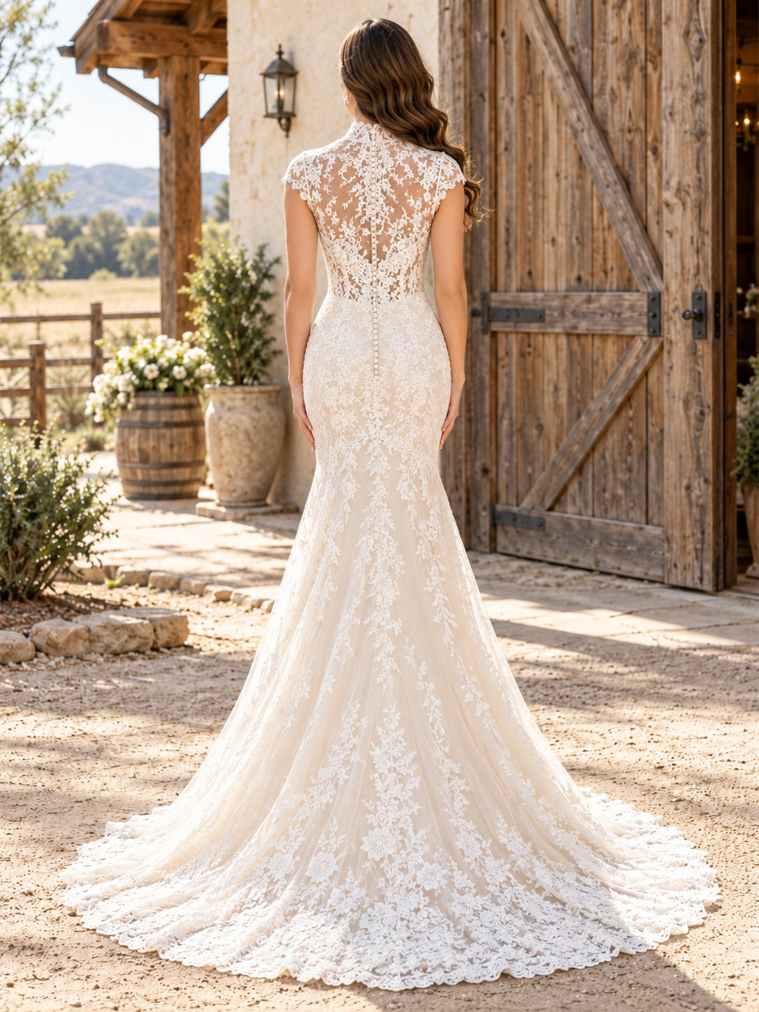 Vestido de novia de encaje en marfil, corte sirena, cuello alto, manga corta y cola corta