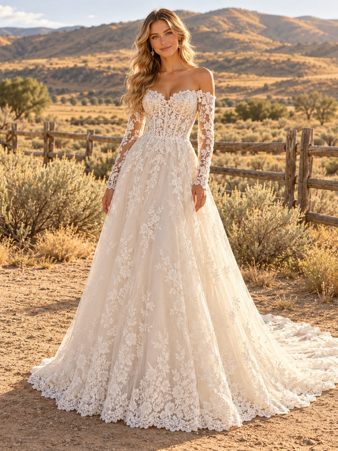 Robe de mariée trapèze de style western en dentelle florale à manches longues et épaules dénudées