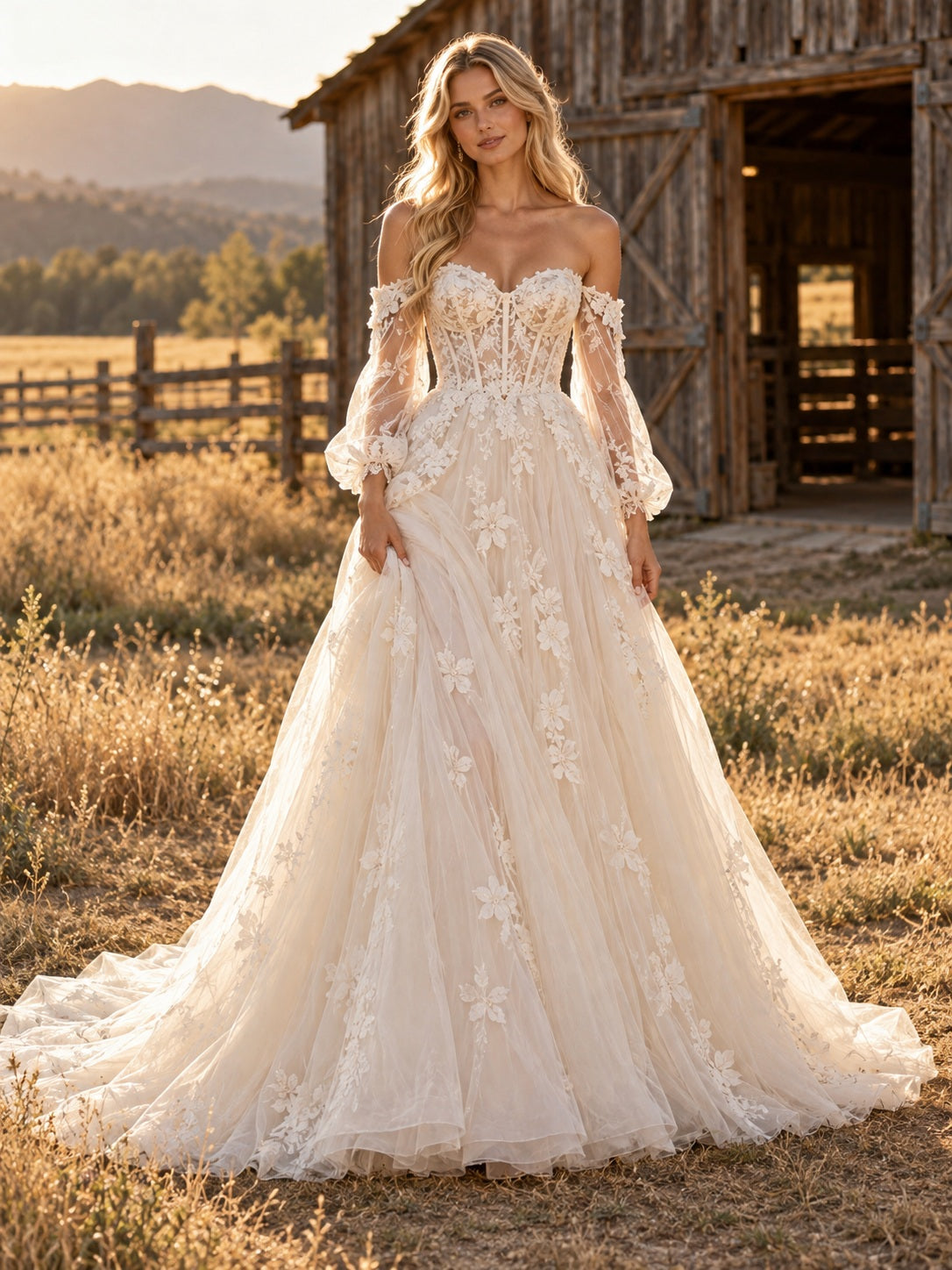 Vestido de novia de tul y encaje en marfil, línea A, hombros descubiertos y escote corazón, manga larga y cola corta