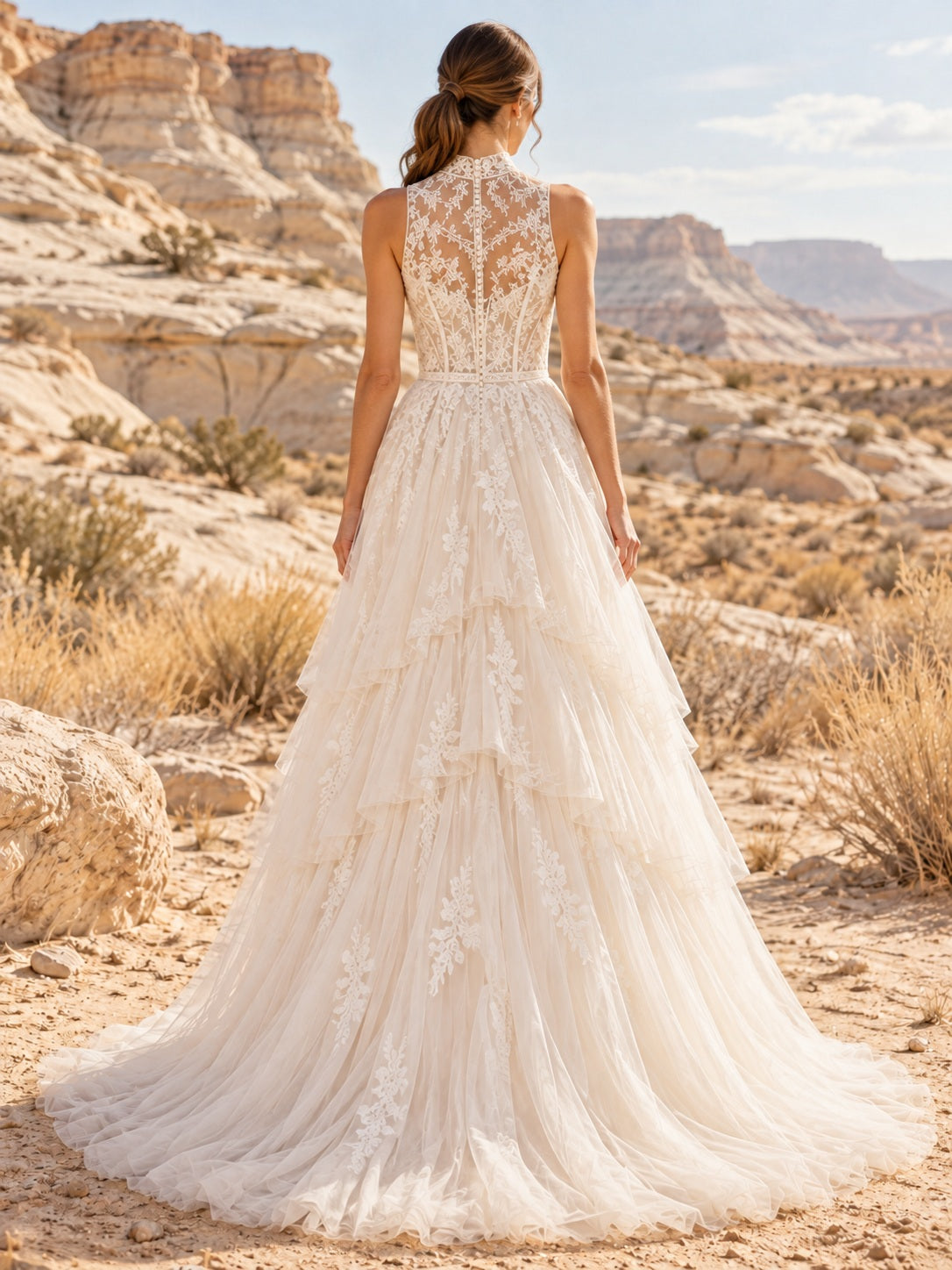 Western Country High Neck Sleeveless Tiered Floral Tulle Bridal Wedding Dress — image 2, style 747281